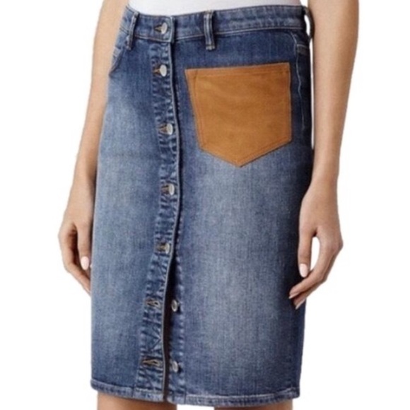 All saints denim pencil jean skirt button up suede pocket size 8